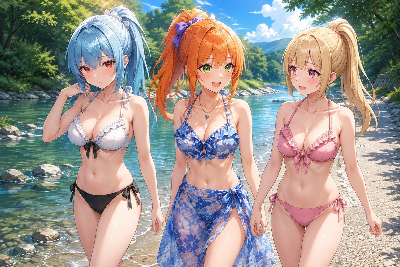 川沿いのポニテ三姉妹？