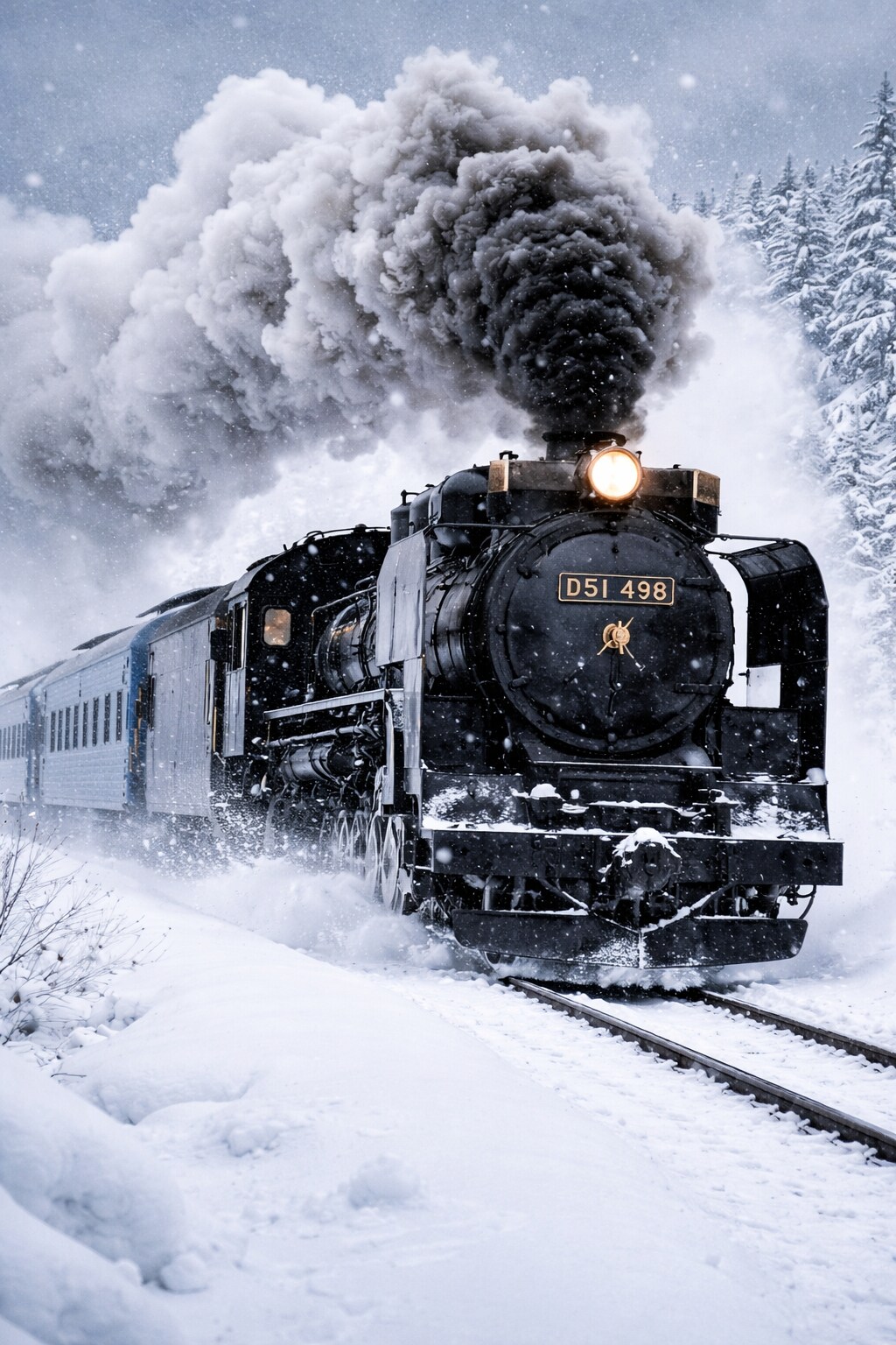 雪の中を力強く走るD51！
