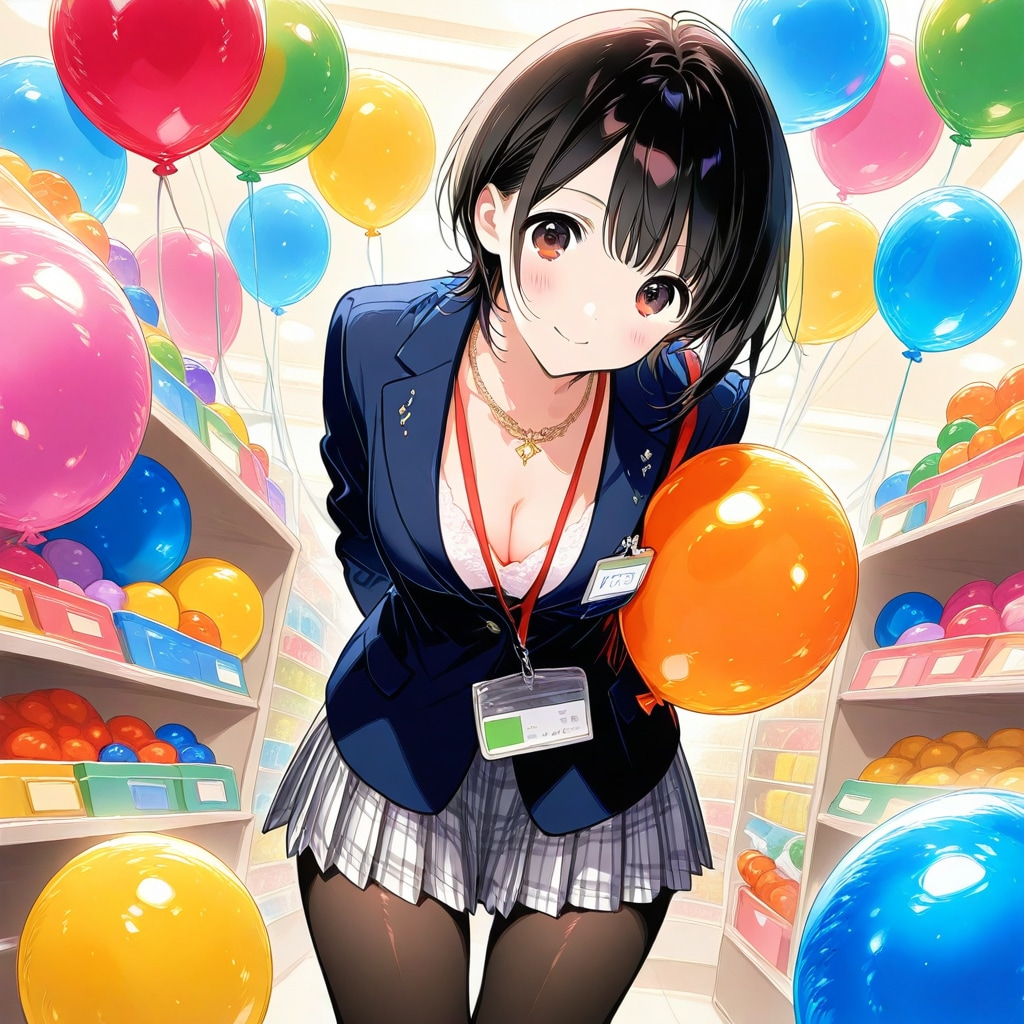 デパートで色とりどりの風船を持つ黒髪ショートカットの美女店員さん。 | の人気AIイラスト・グラビア