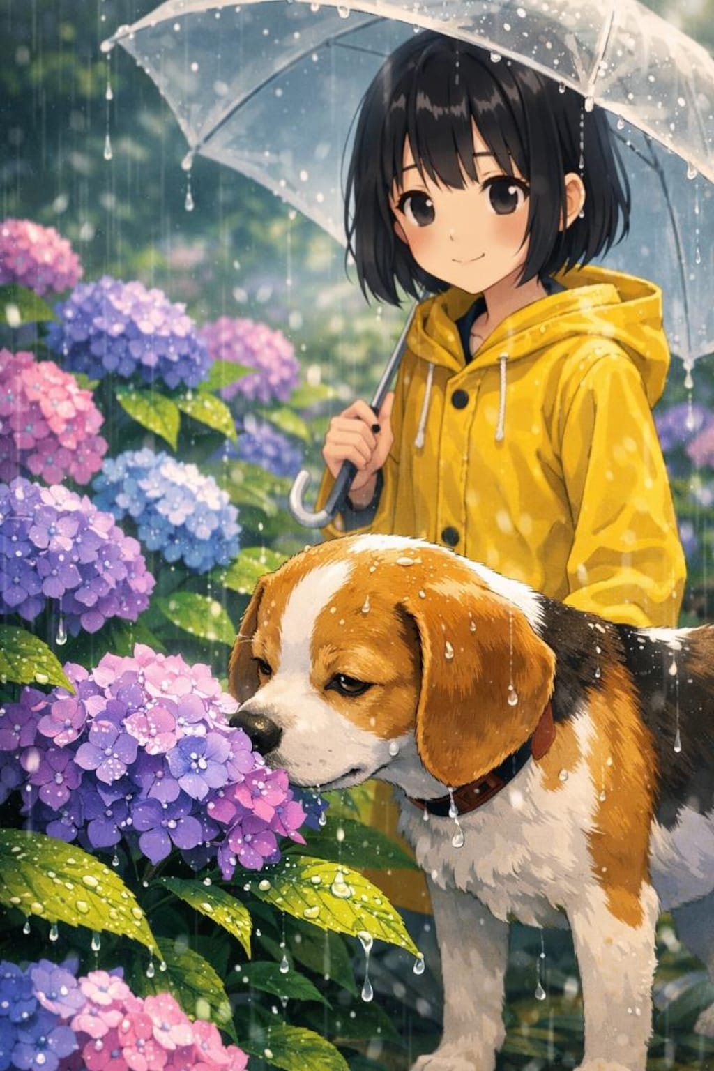 あじさいと少女と犬(copilot)