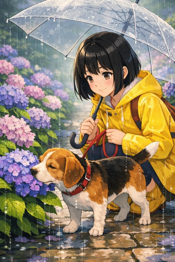 あじさいと少女と犬(copilot)