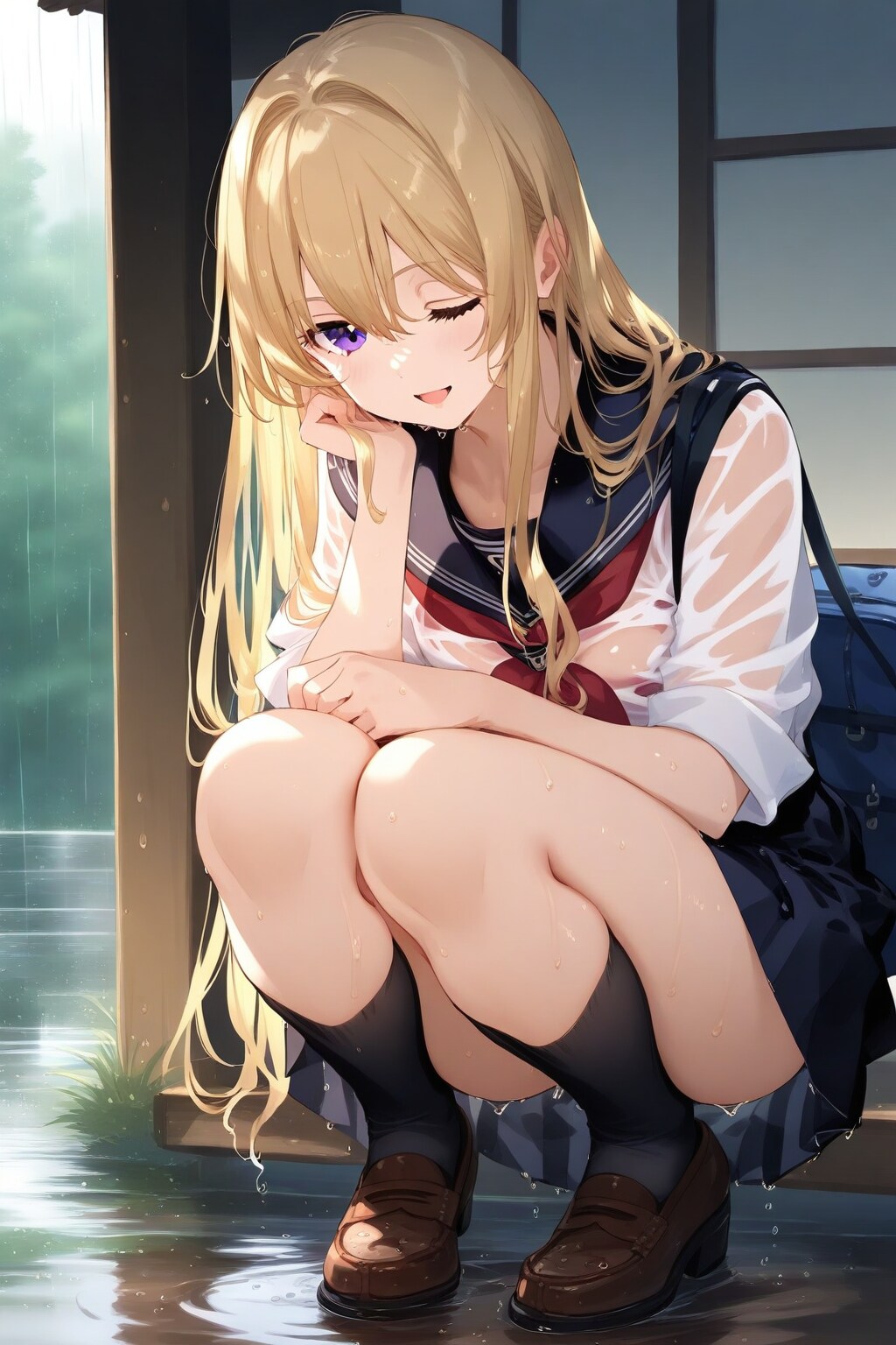 濡れた制服紫と大雨