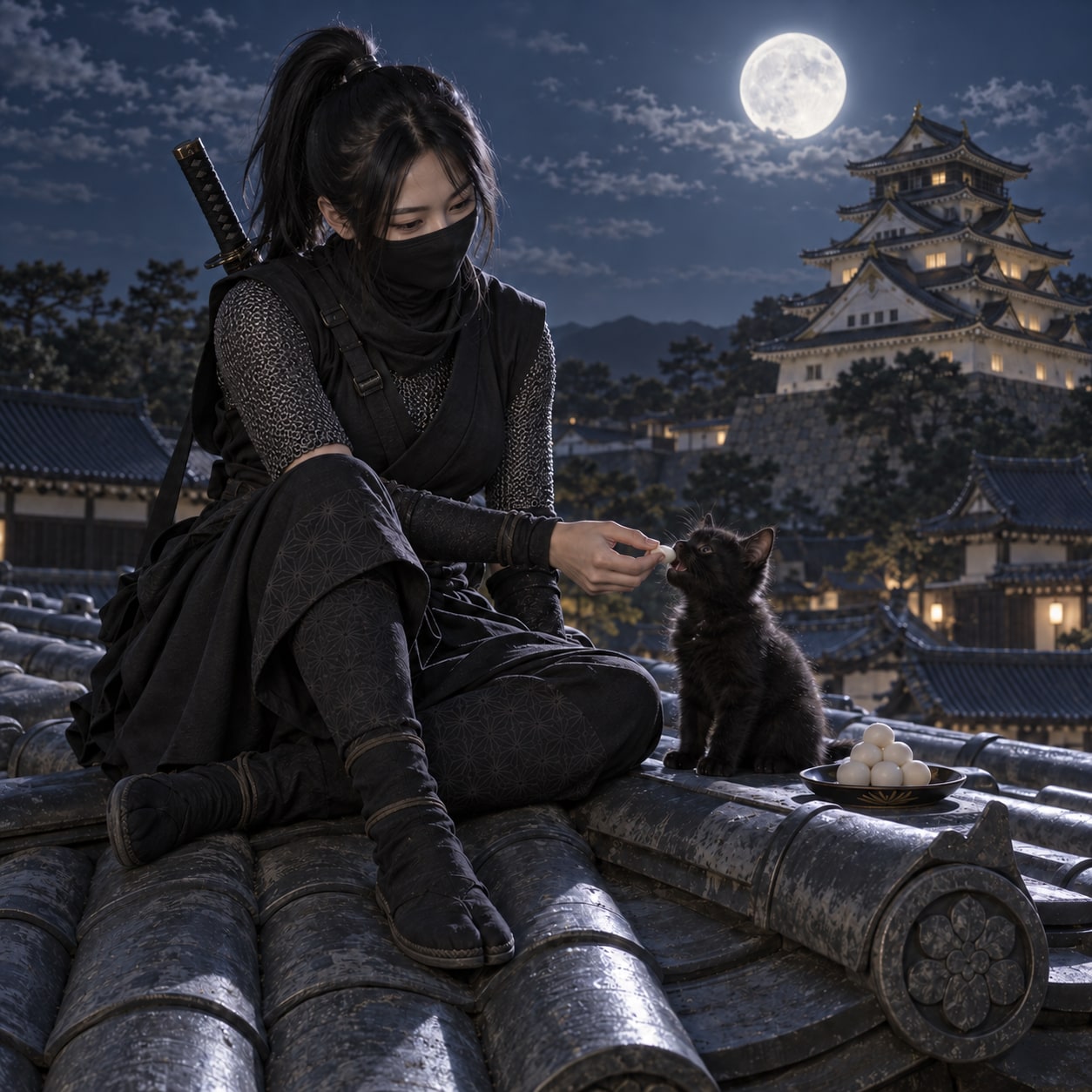 黒猫に月見団子をあげる女忍者ししょちゃん/ChatGPT | の人気AIイラスト・グラビア
