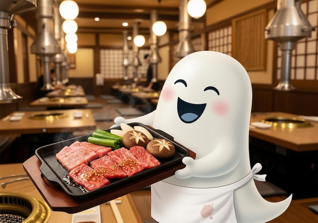 焼肉食べ放題エンドレスディナーコース付きの準備をする摩訶不思議食堂焼肉店のお化け大将