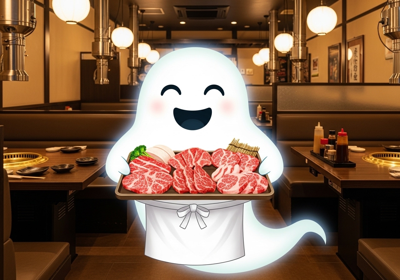 焼肉食べ放題エンドレスディナーコース付きの準備をする摩訶不思議食堂焼肉店のお化け大将 | の人気AIイラスト・グラビア