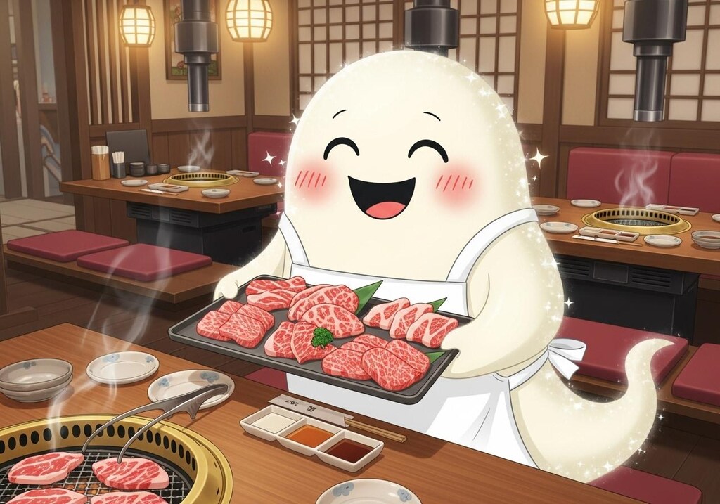 焼肉食べ放題エンドレスディナーコース付きの準備をする摩訶不思議食堂焼肉店のお化け大将