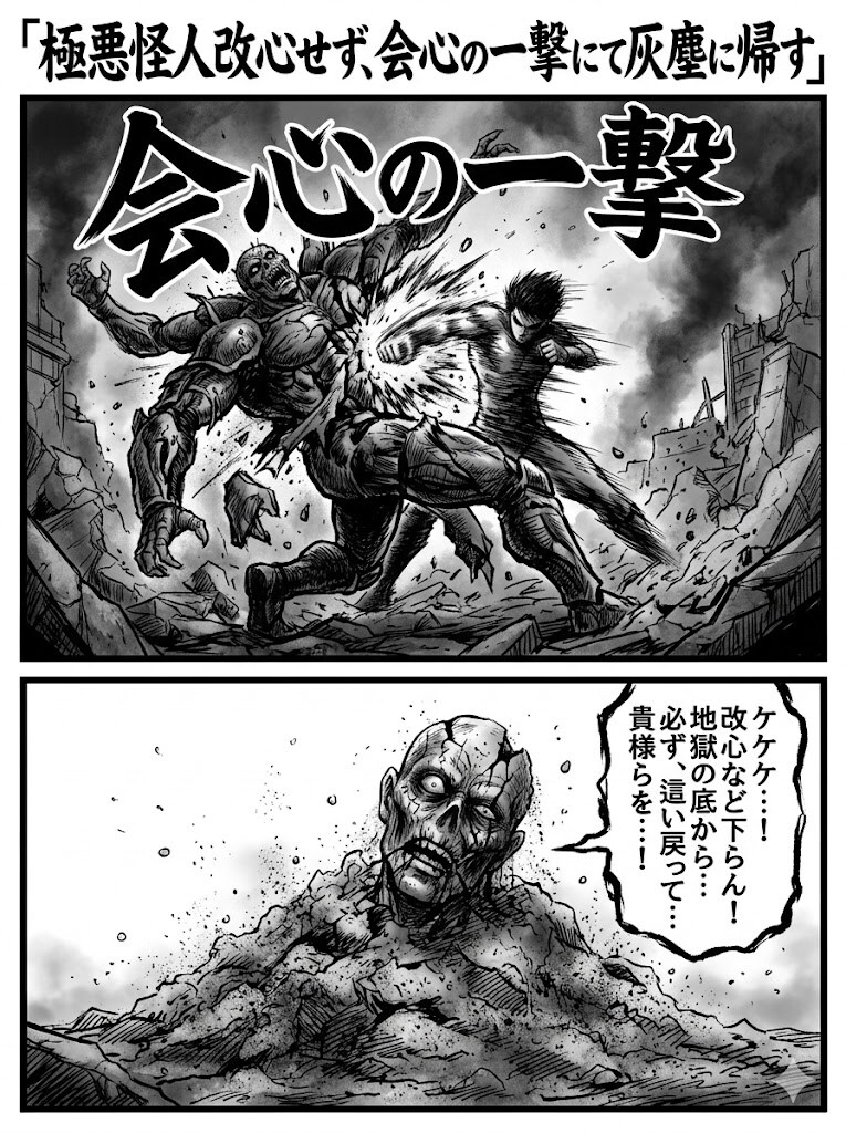 極悪怪人改心せず、会心の一撃にて灰塵に帰す