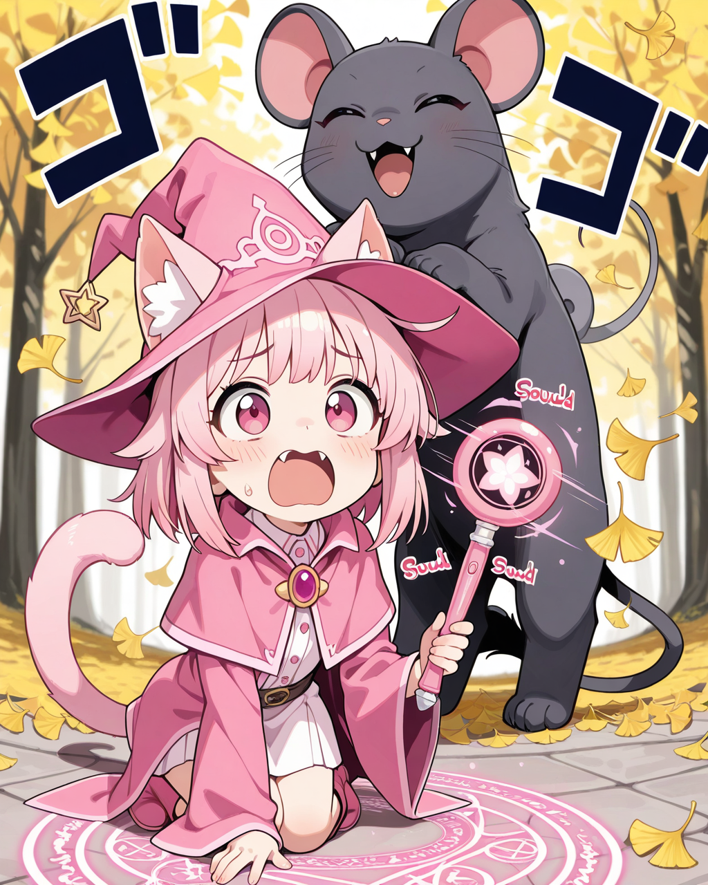 ねずみ型もんすたーにビビるねこ