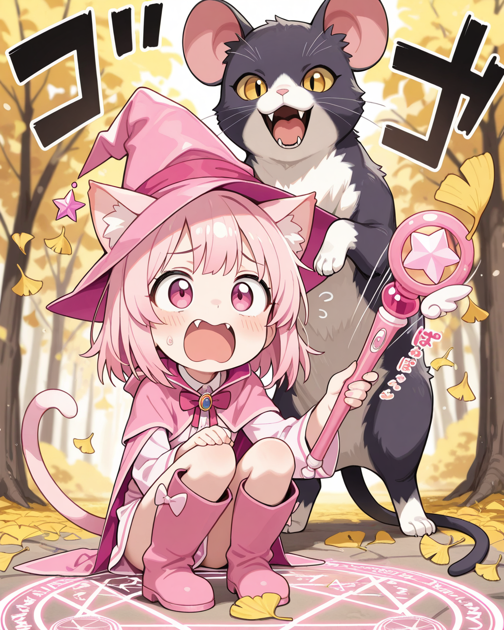 ねずみ型もんすたーにビビるねこ