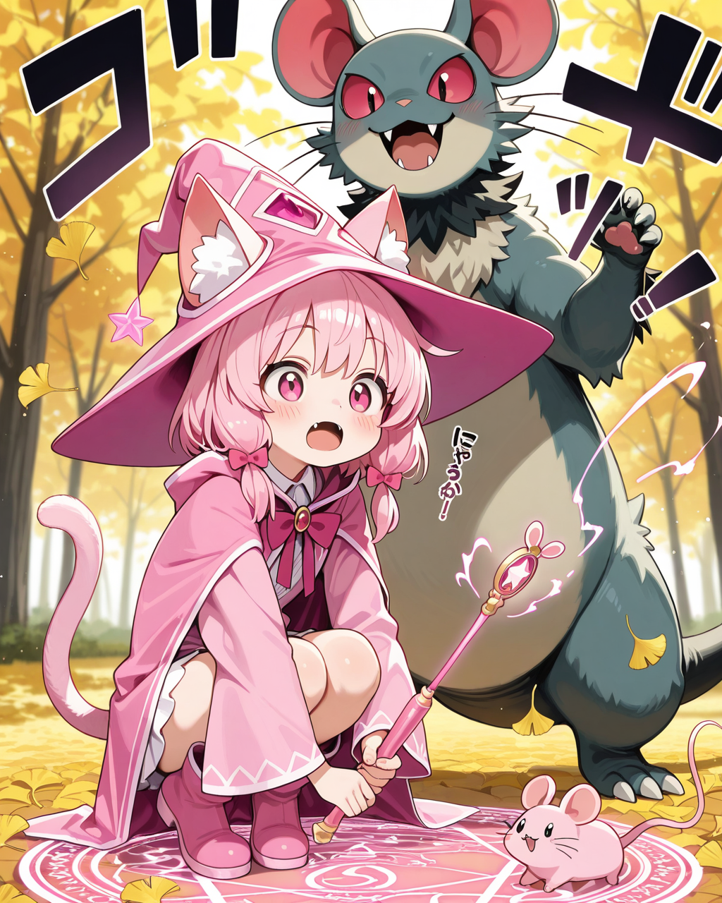 ねずみ型もんすたーにビビるねこ