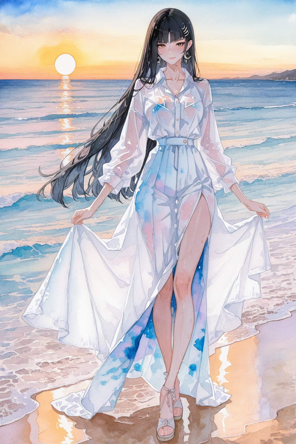 前出「海に沈む夕陽」の水彩呪文を複数回しつこく指定してみました