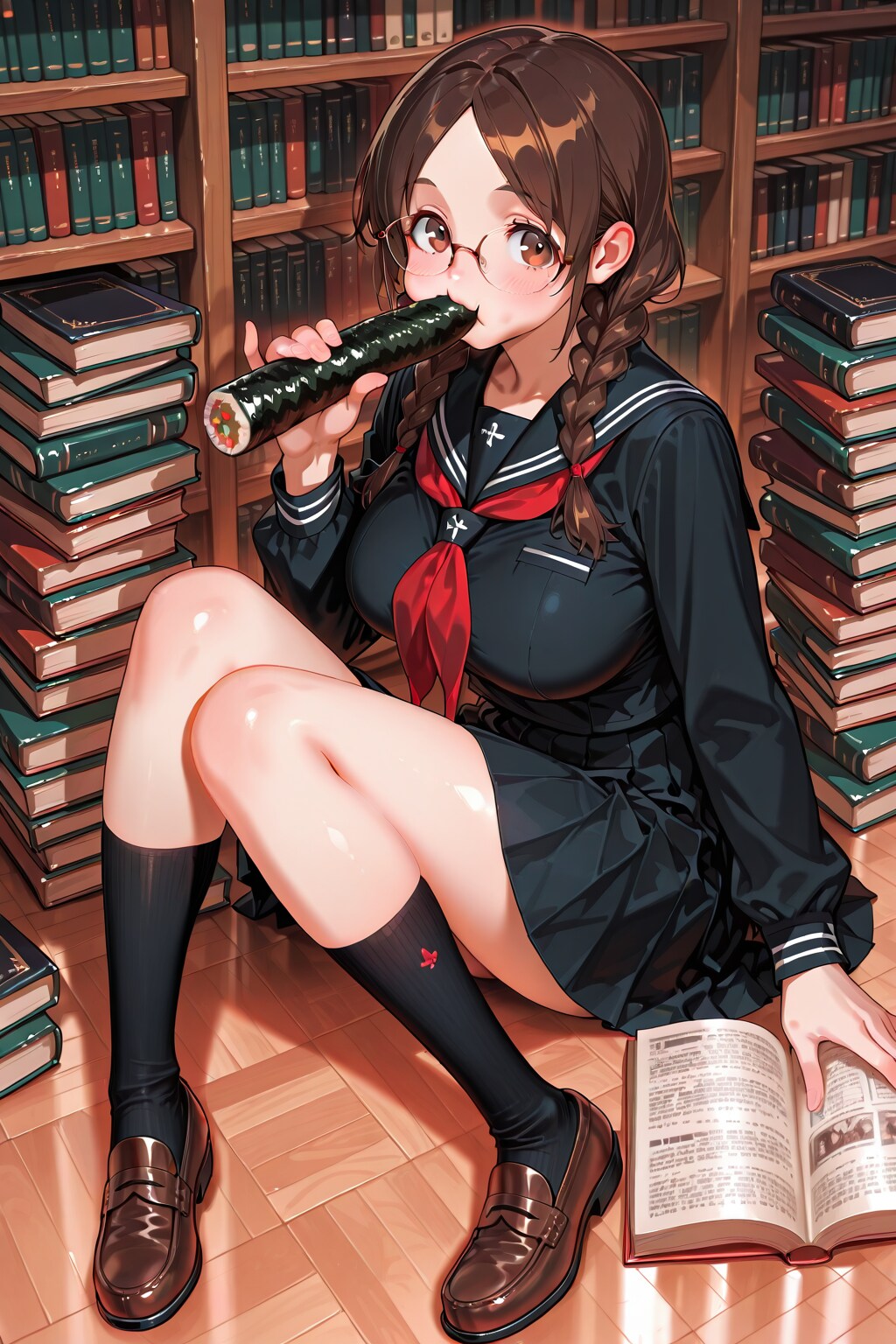 眼鏡三つ編みたちのeating恵方巻