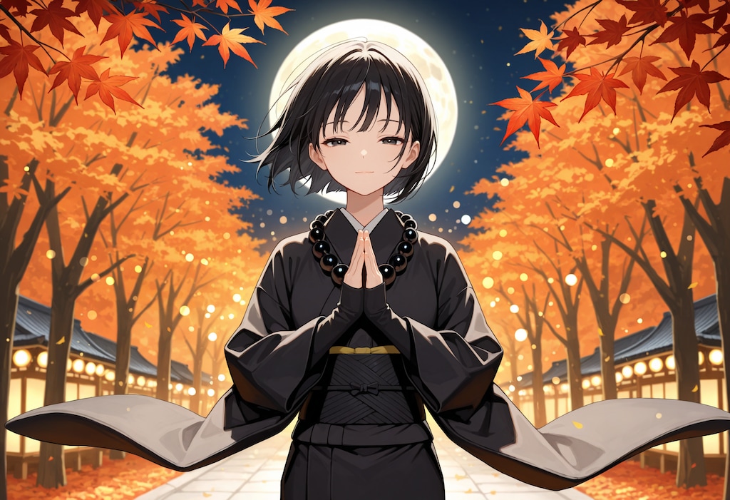 秋月夜と合掌する僧侶さん