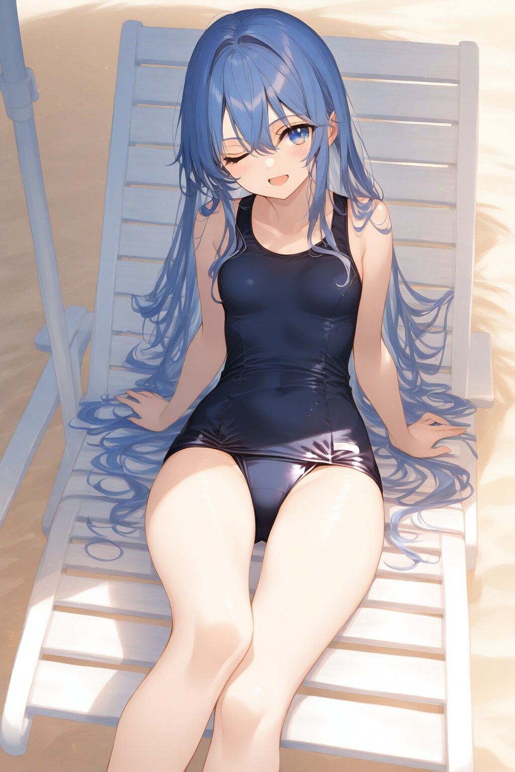 ビーチのスクール水着天子