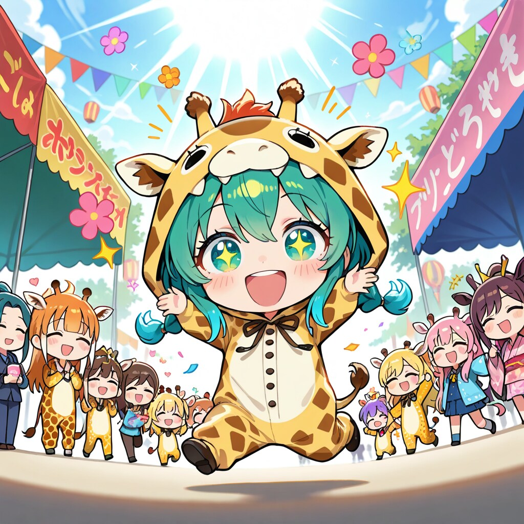 春祭りではしゃぐキリン着ぐるみちび子ちゃんたち