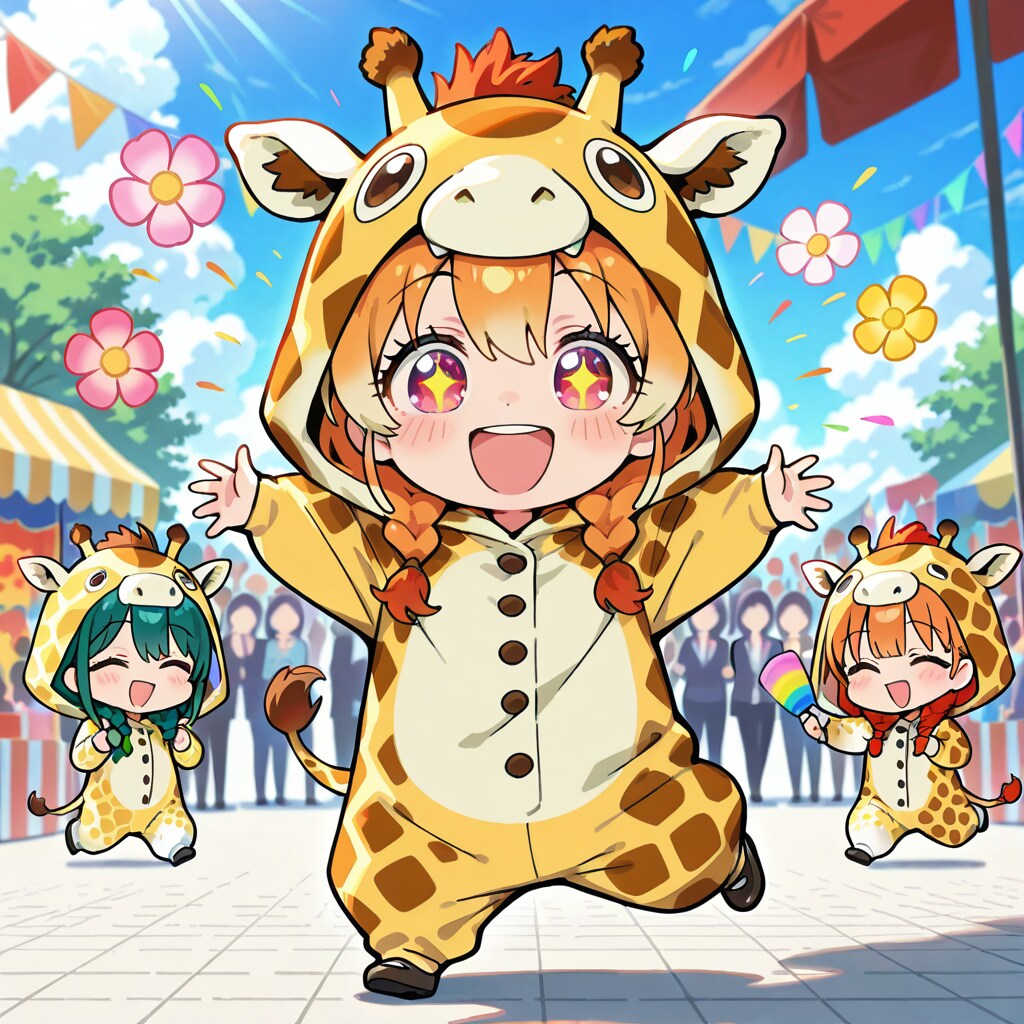 春祭りではしゃぐキリン着ぐるみちび子ちゃんたち