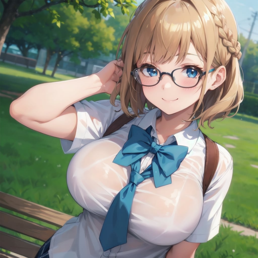 明るい茶髪の制服眼鏡っ娘