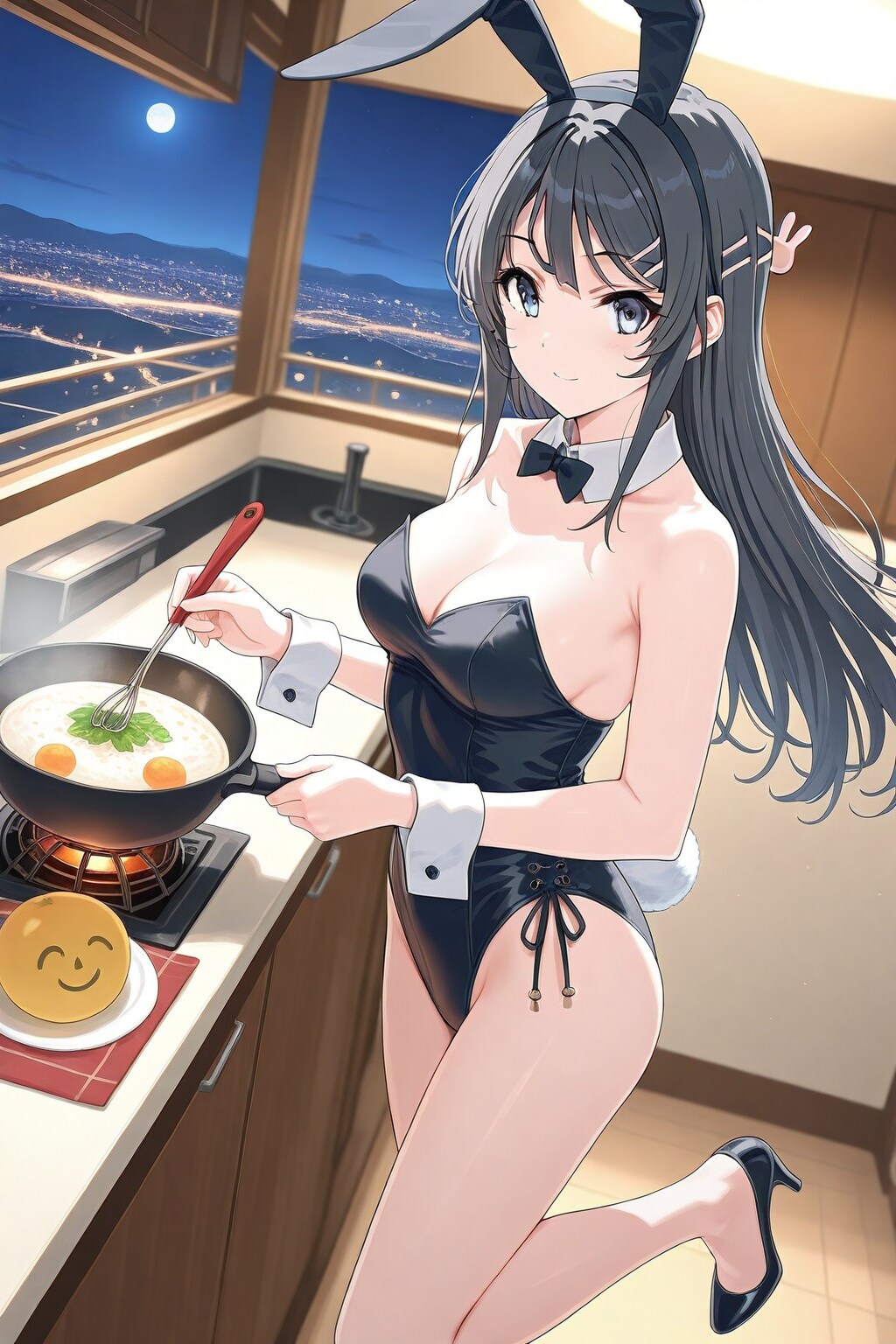 バニーガール衣装で調理する麻衣さん