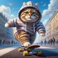アニメ油絵風、スケボーでトリックを決めるストリート系縞模様服猫 2枚目