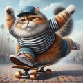 アニメ油絵風、スケボーでトリックを決めるストリート系縞模様服猫 8枚目