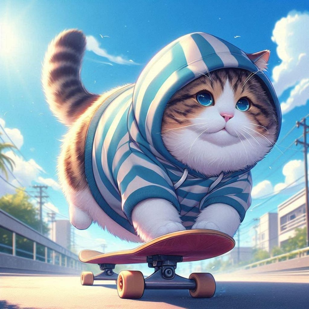 アニメ油絵風、スケボーでトリックを決めるストリート系縞模様服猫