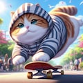 アニメ油絵風、スケボーでトリックを決めるストリート系縞模様服猫 10枚目