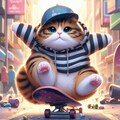 アニメ油絵風、スケボーでトリックを決めるストリート系縞模様服猫 6枚目