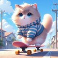 アニメ油絵風、スケボーでトリックを決めるストリート系縞模様服猫 12枚目