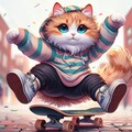アニメ油絵風、スケボーでトリックを決めるストリート系縞模様服猫 4枚目