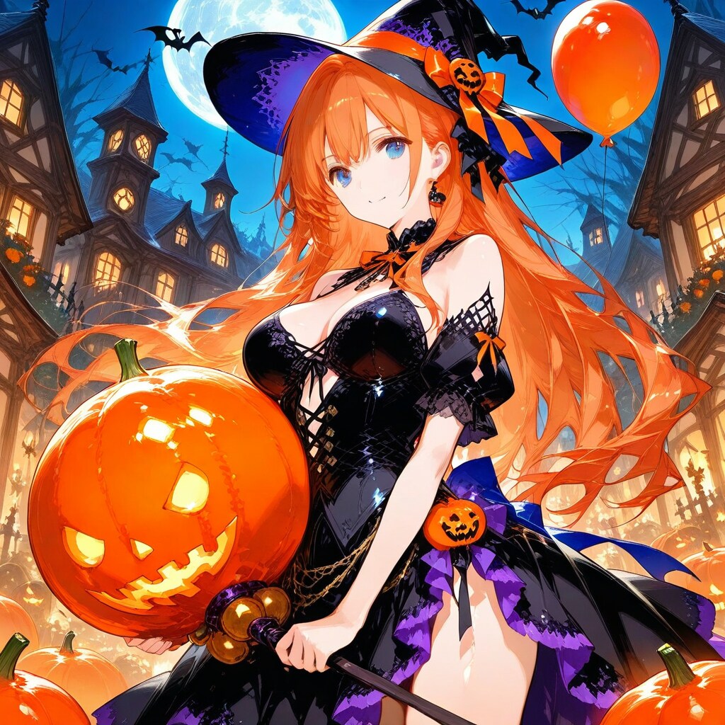 オレンジの風船を持つオレンジ髪ロングのハロウィン衣装の美女。 | の人気AIイラスト・グラビア