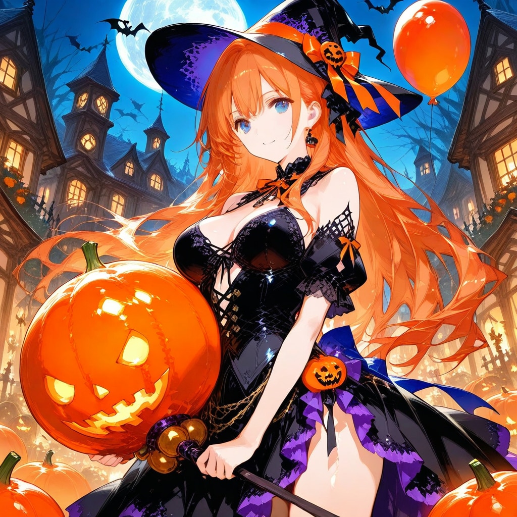 オレンジの風船を持つオレンジ髪ロングのハロウィン衣装の美女。