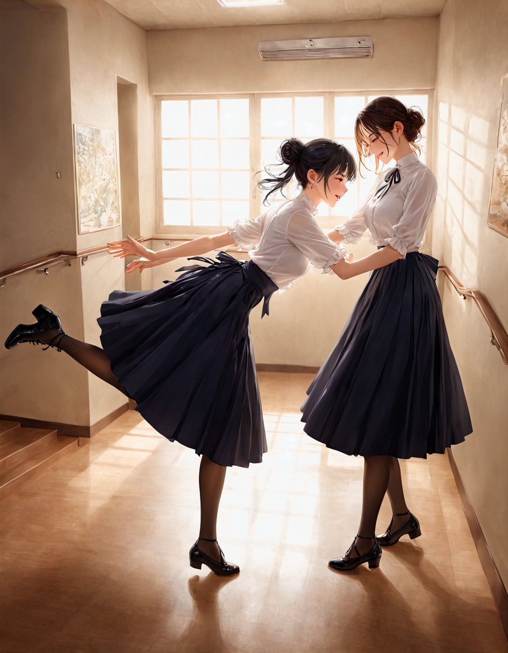 踊り場にスカートが舞う