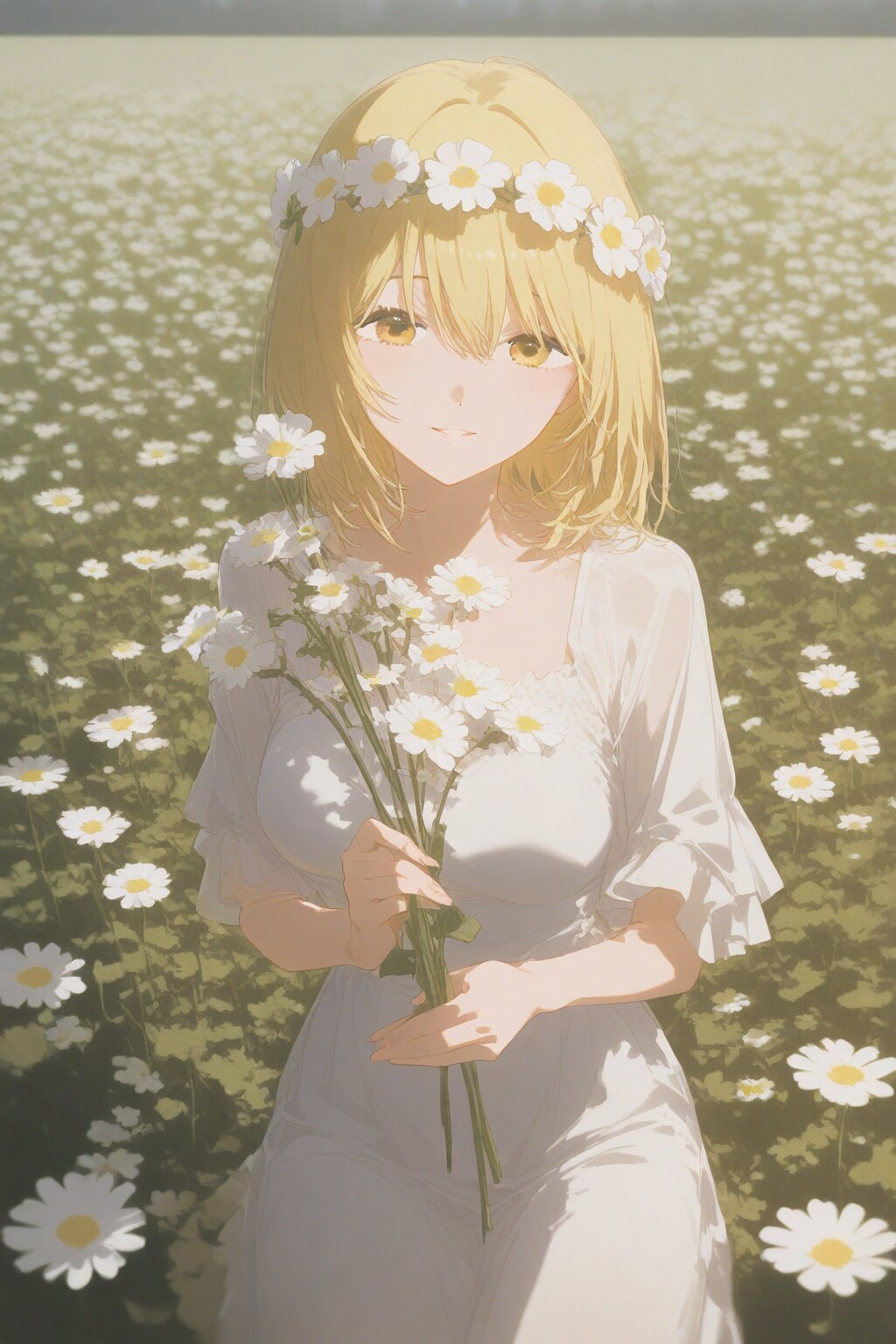 A woman and a young girl making flower crowns in a field of flowers. | の人気AIイラスト・グラビア