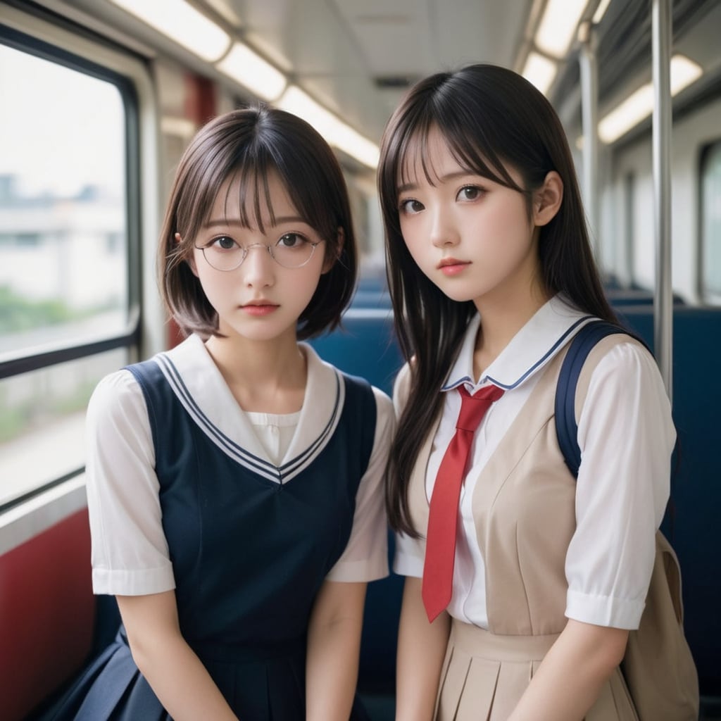 黒髪メガネと黒髪ロング　電車内にて