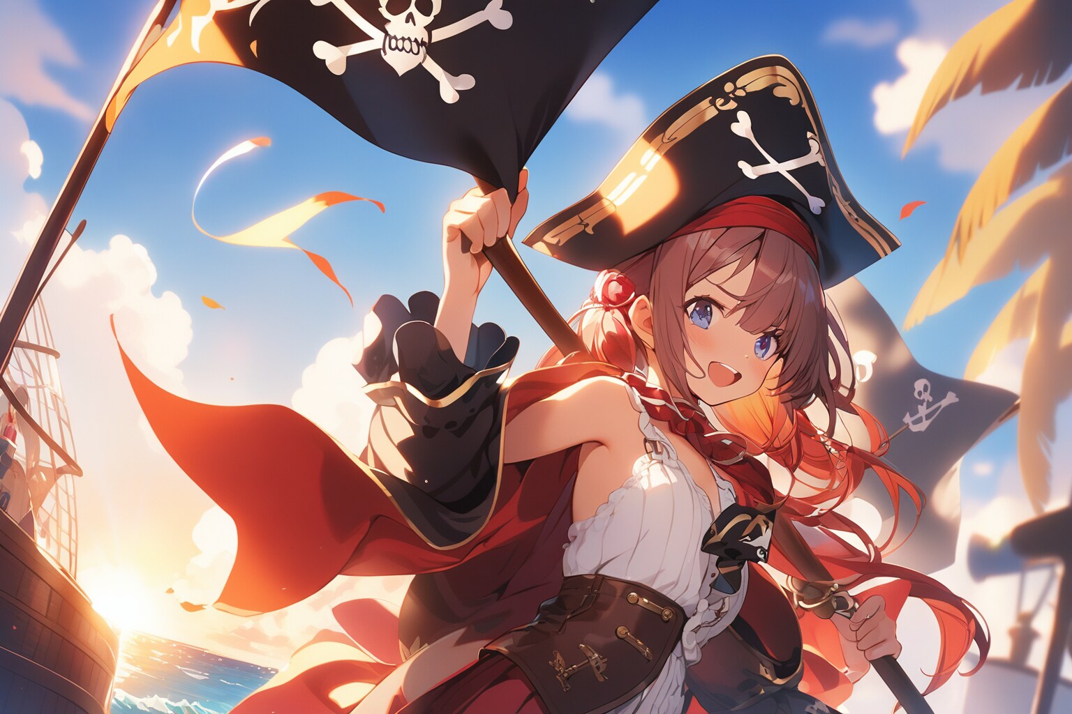 海賊旗を掲げる海賊娘