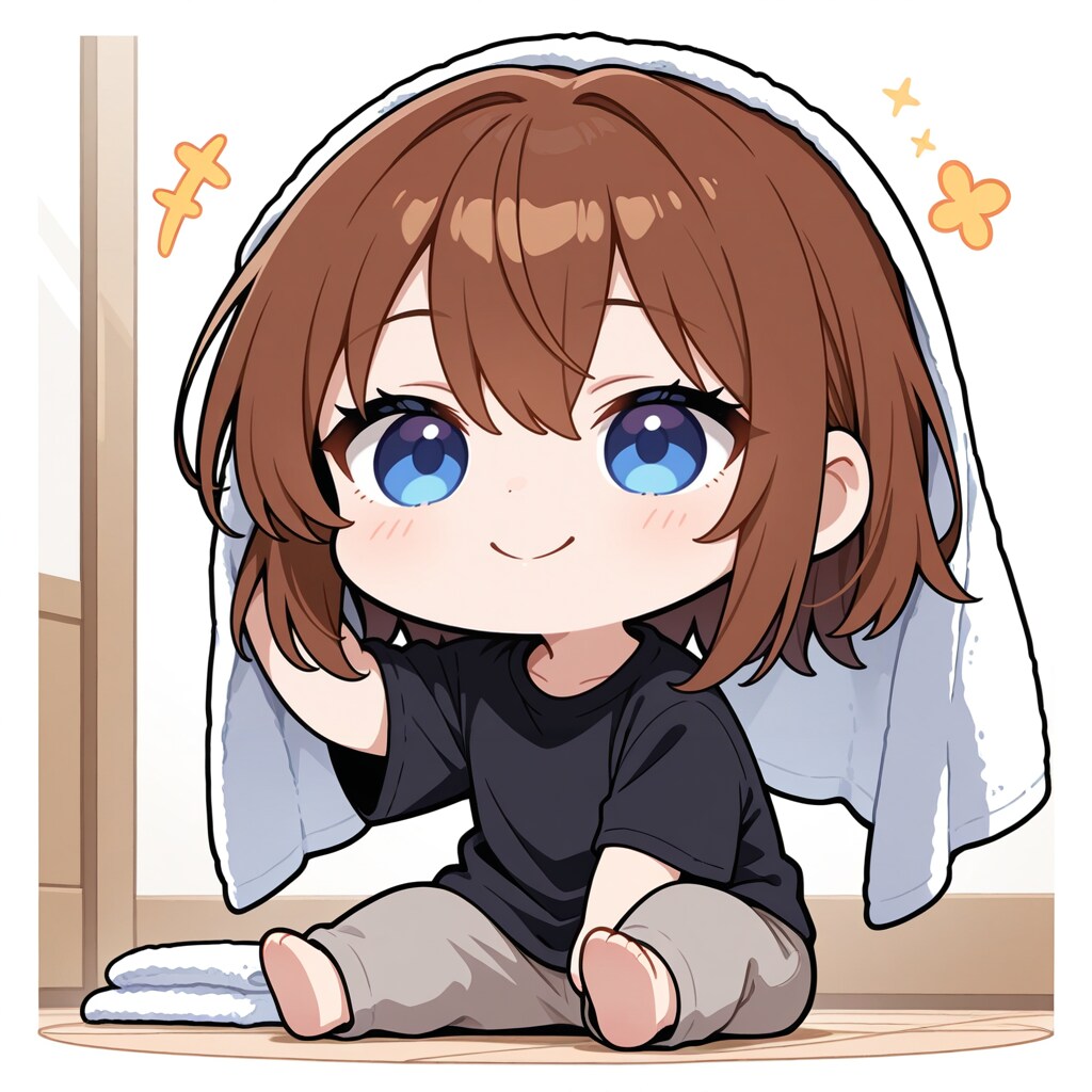 タオルを頭に乗せるミニお嬢さん