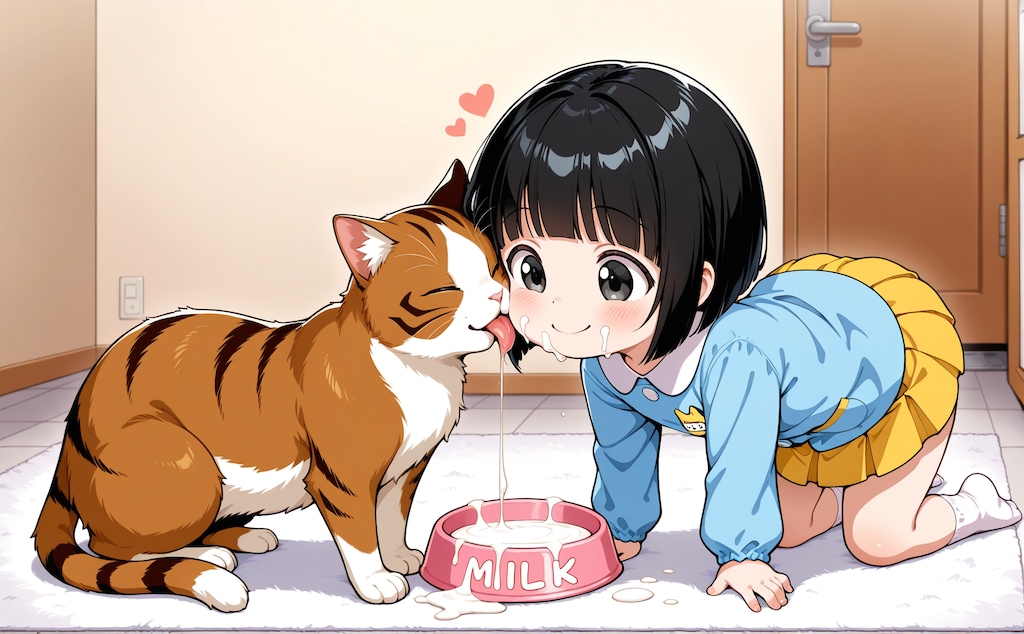 雌猫とミルク飲み園児