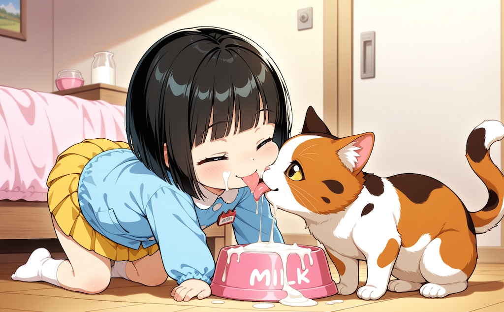 雌猫とミルク飲み園児