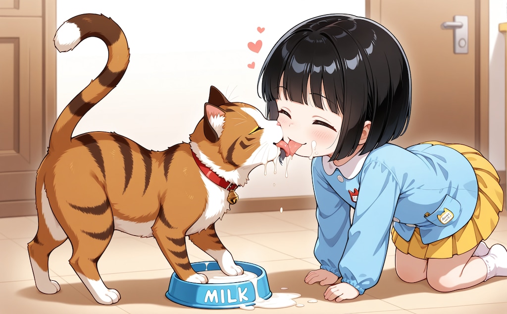 雌猫とミルク飲み園児