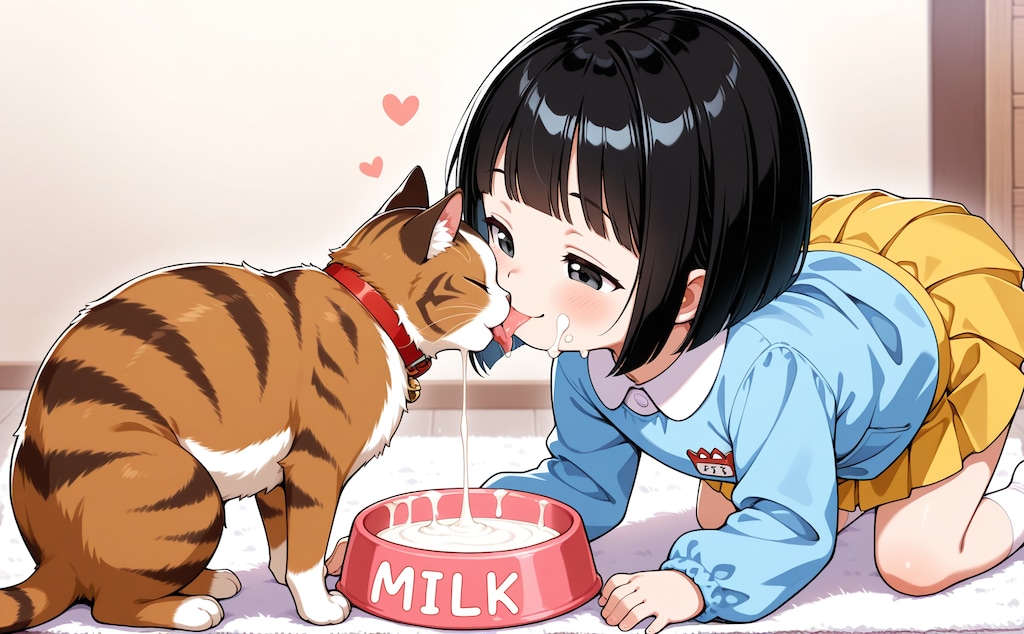 雌猫とミルク飲み園児