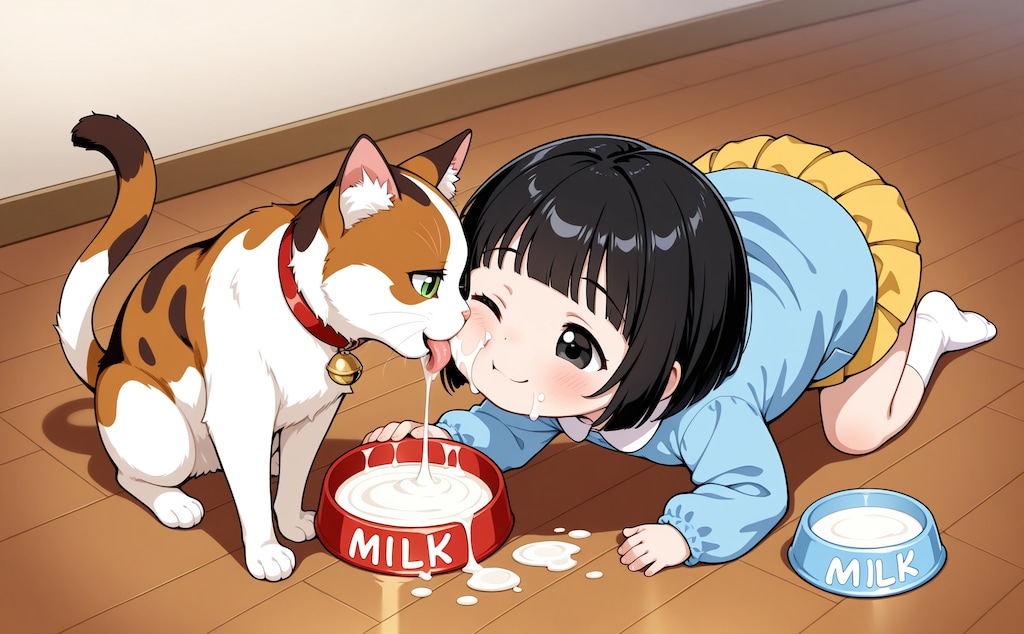雌猫とミルク飲み園児