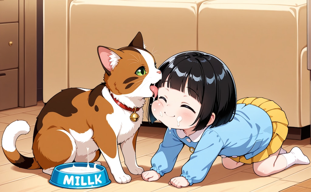 雌猫とミルク飲み園児