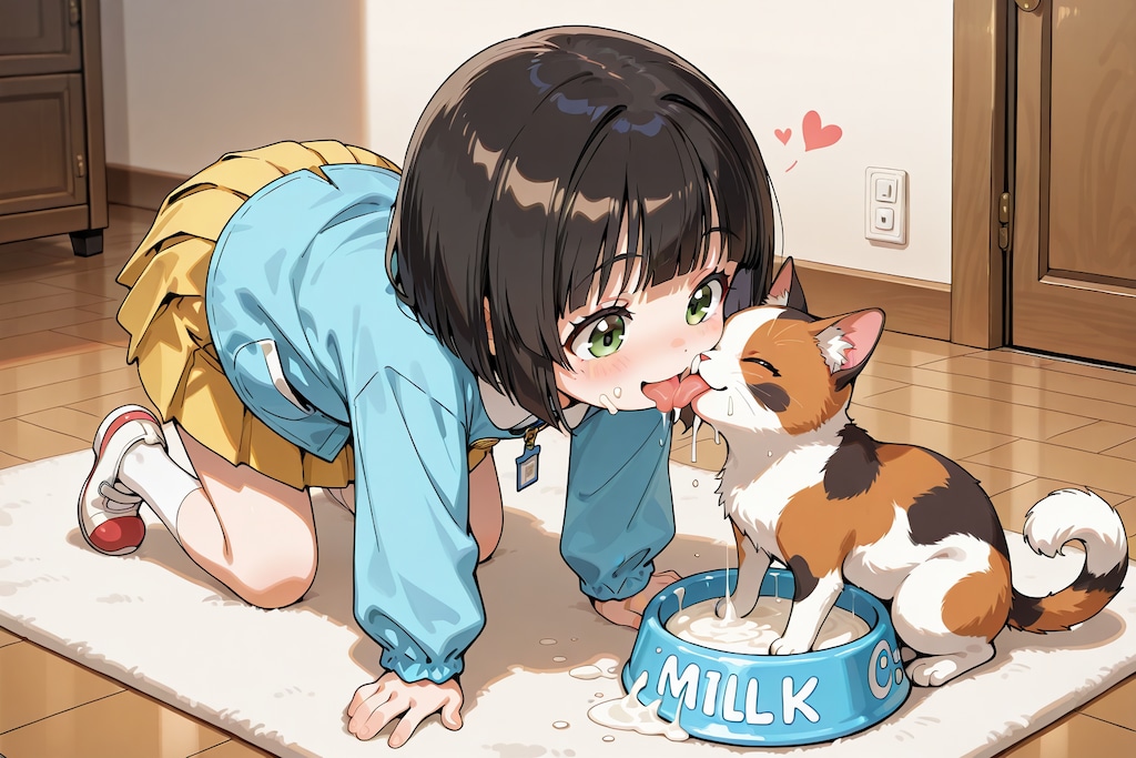 雌猫とミルク飲み園児