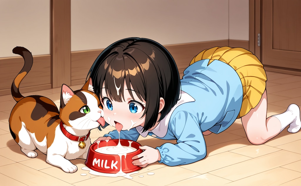 雌猫とミルク飲み園児