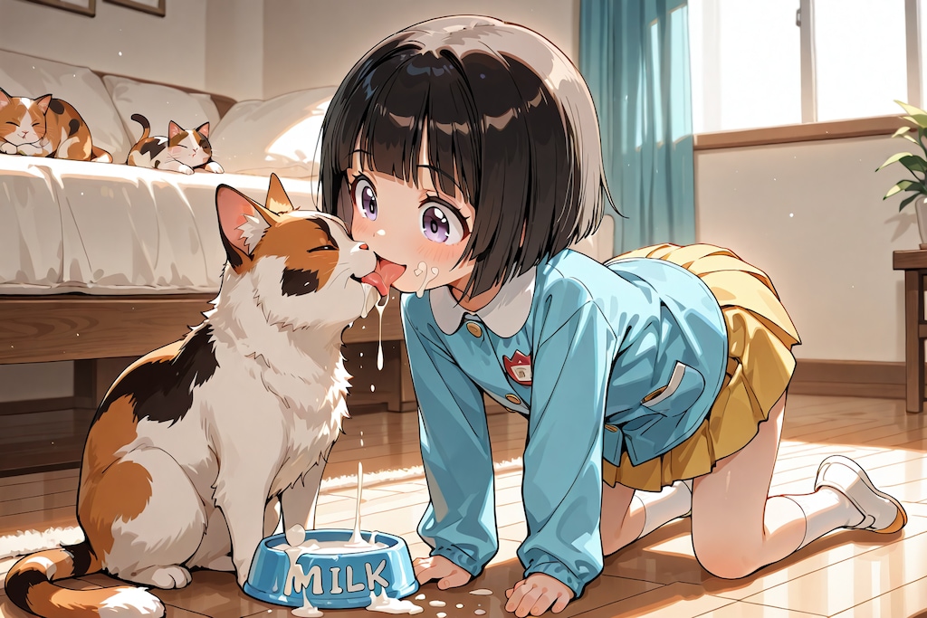 雌猫とミルク飲み園児