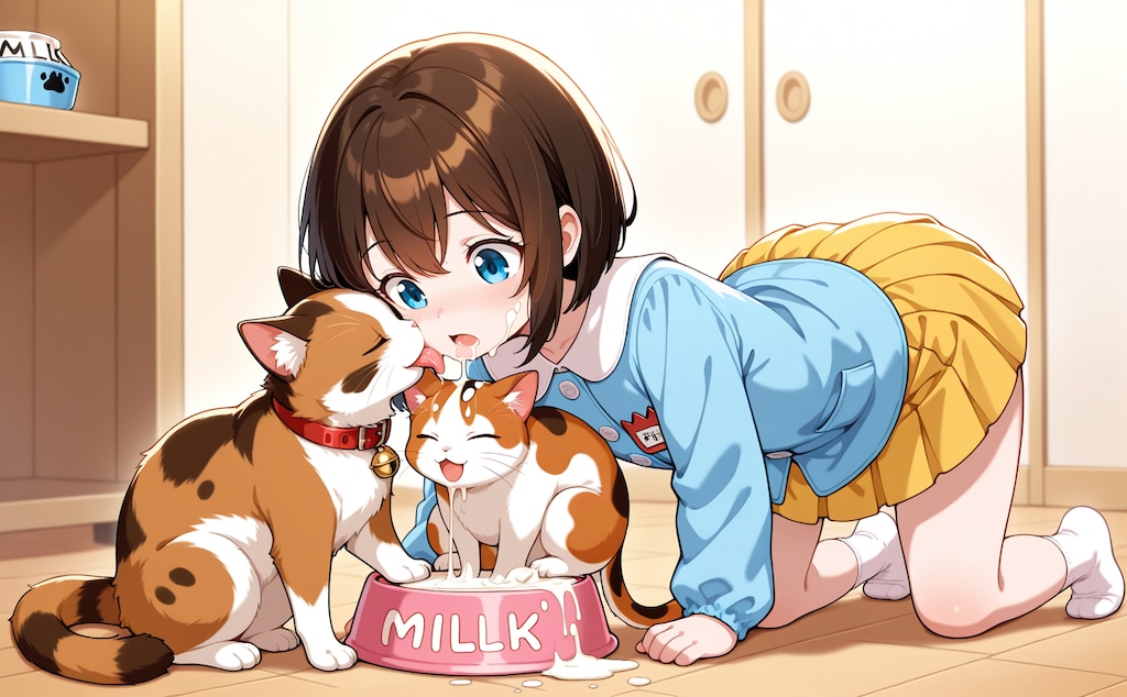 雌猫とミルク飲み園児