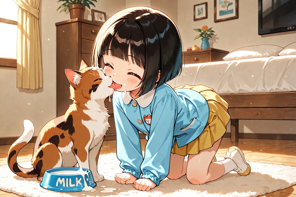 雌猫とミルク飲み園児