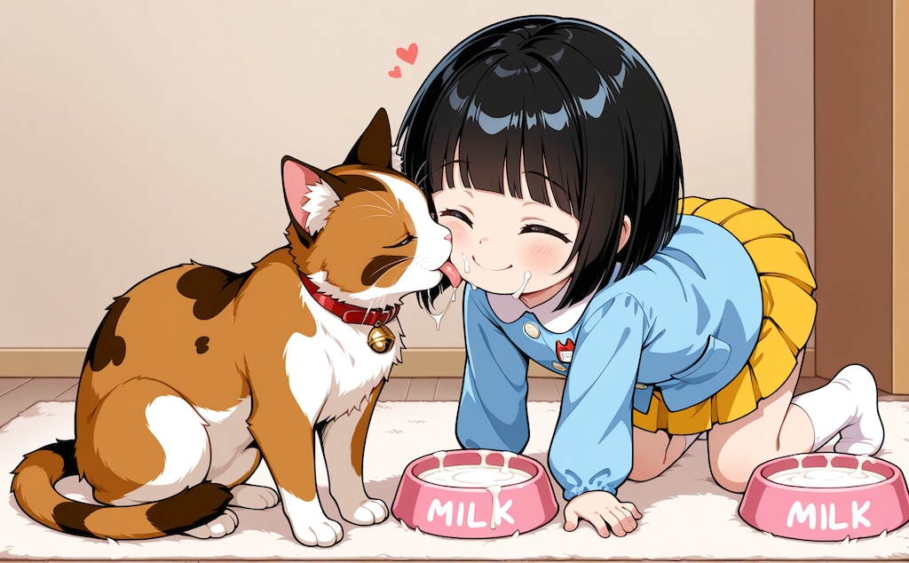雌猫とミルク飲み園児