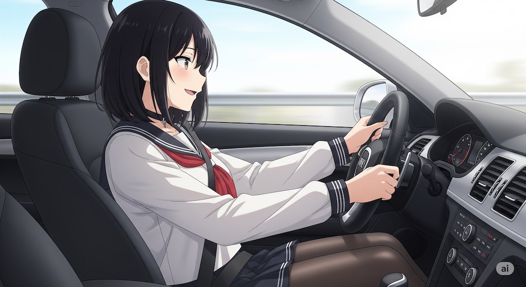 車を運転するセーラー服少女