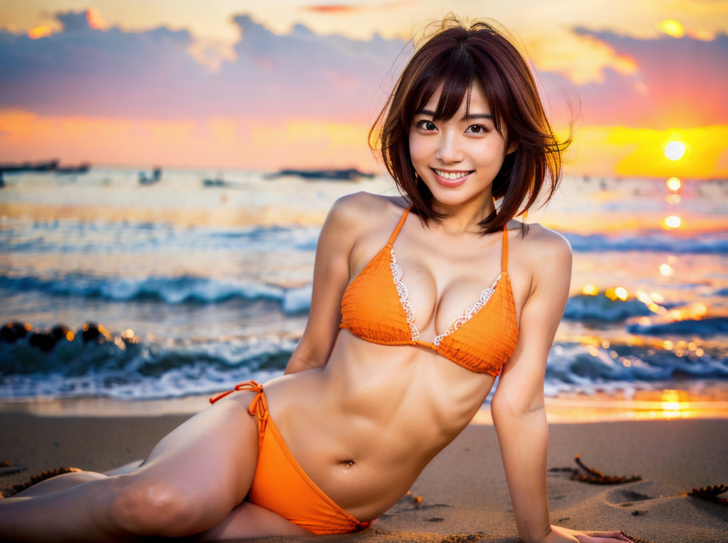 夕焼けビーチのオレンジビキニ女子2